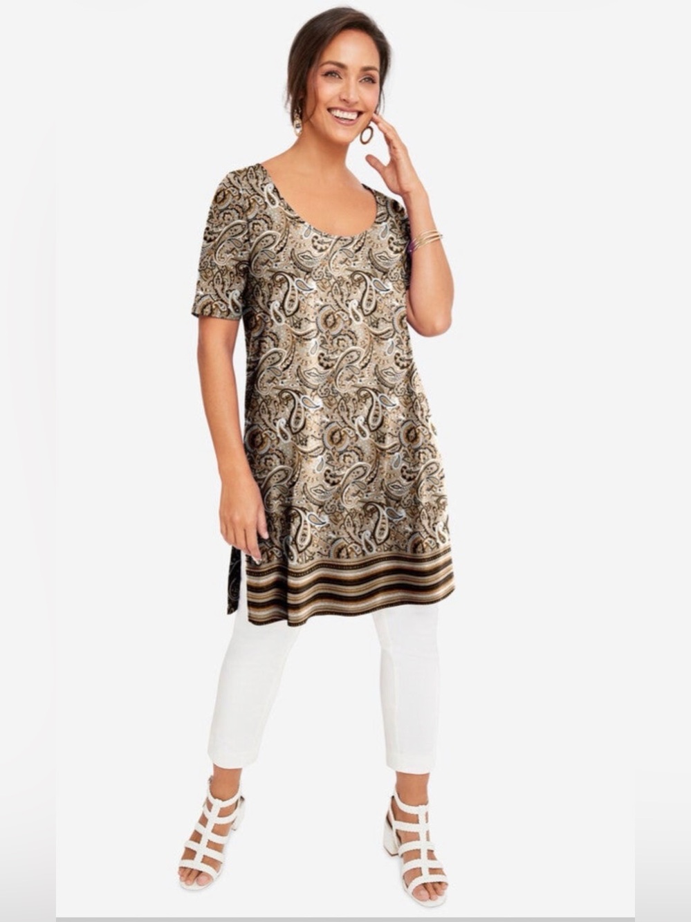 EUC Jessica London Plus Size Beige Paisley Print Tunic Dress 30/32